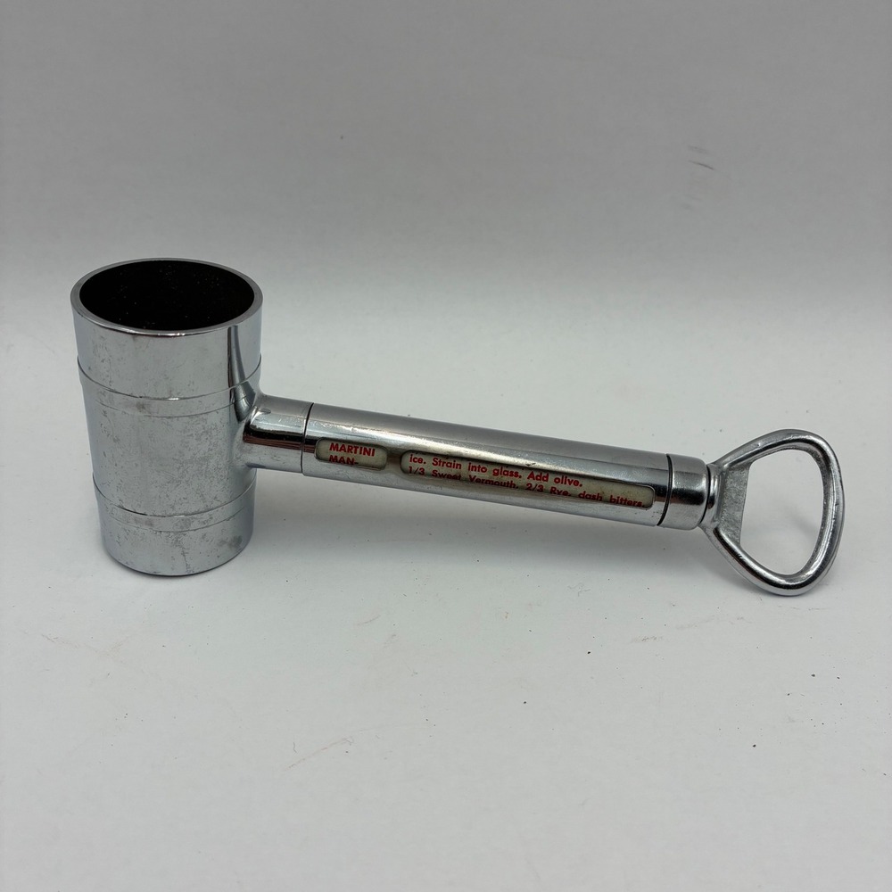 Vintage Chrome Hammer Bar Tool Jigger Bottle Opener Rotating Recipe Guide 6.5 in